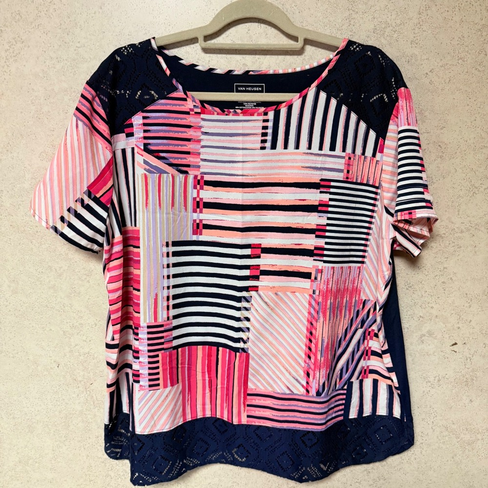 Van Heusen XXL Plus Womens Multicolored Stripes Dark Blue Lace Trim Cozy Blouse